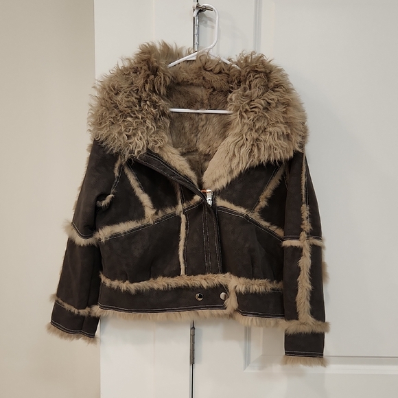 NWT Real Rabbit Leather and Shearling Jacket Real Wool Fur Collar Brown Coat - Picture 2 of 10